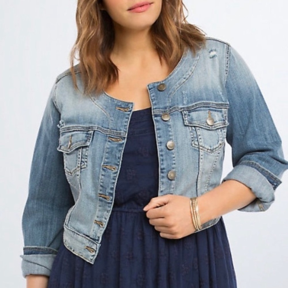 Torrid Crop Collarless Distressed Denim Jacket 2X